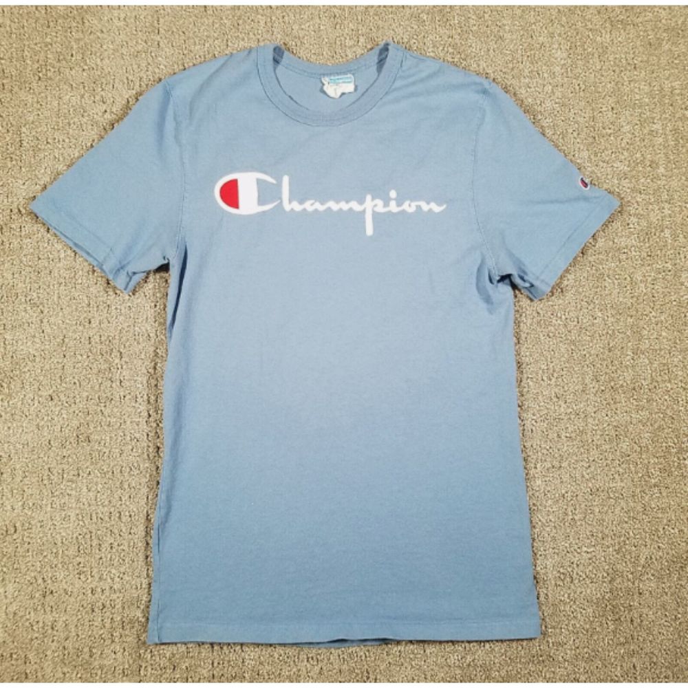 CHAMPION Shirt Mens Small Light Blue Embroidered Logo Vintage 90s Retro